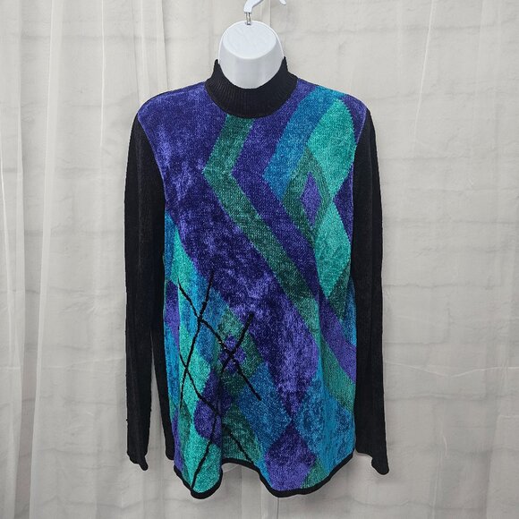 Vintage Koret Mock Neck Sweater Chenille Sequins Black Blue Argyle M - Picture 1 of 11